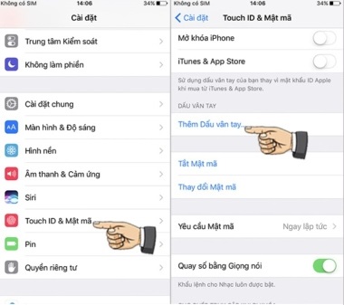 Bước 1: Vào Cài đặt => Touch ID & Mật mã => điền mật khẩu mở máy => Thêm dấu vân tay => thực hiện các bước theo hướng dẫn để lấy dấu vân tay => bấm Tiếp tục.